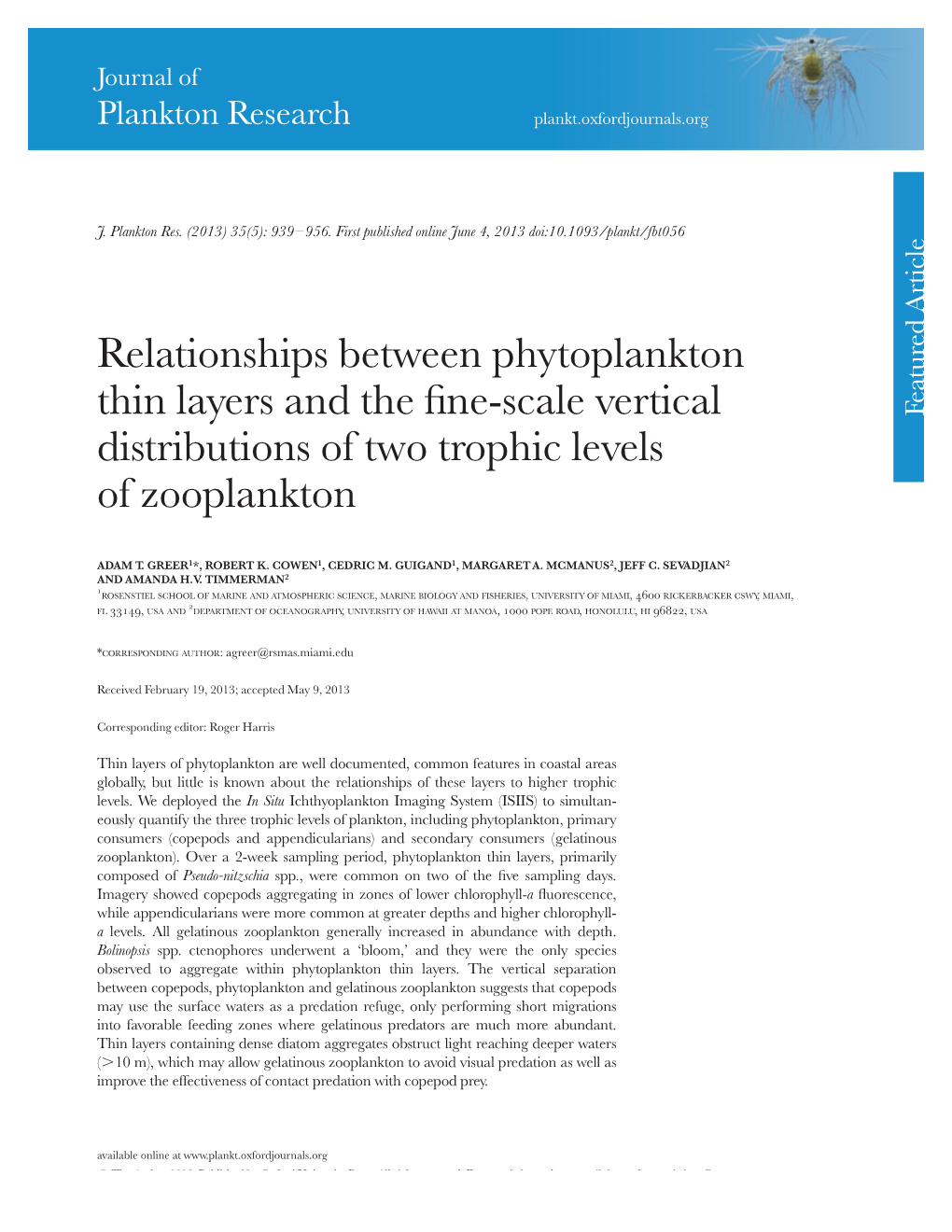 Relationships Between Phytoplankton Thin Layers and the Fine-Scale Vertical Distributions of Two Trophic Levels of Zooplankton