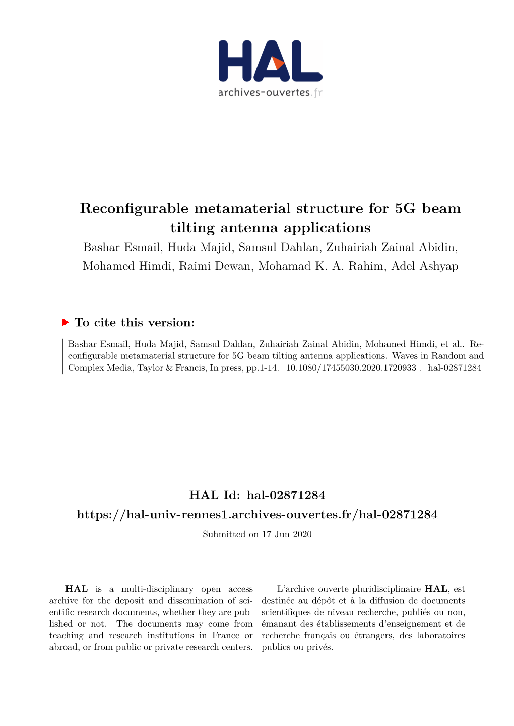 Reconfigurable Metamaterial Structure for 5G Beam Tilting Antenna