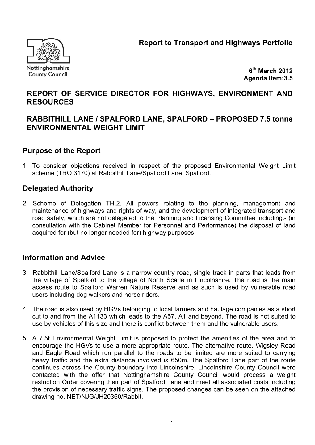 Report to Transport and Highways Portfolio