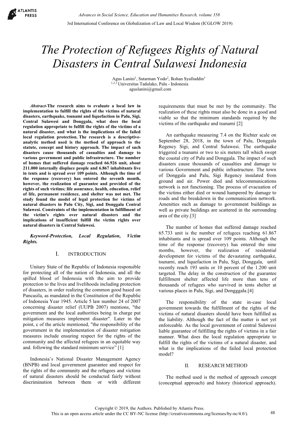 The Protection of Refugees Rights of Natural Disasters in Central Sulawesi Indonesia