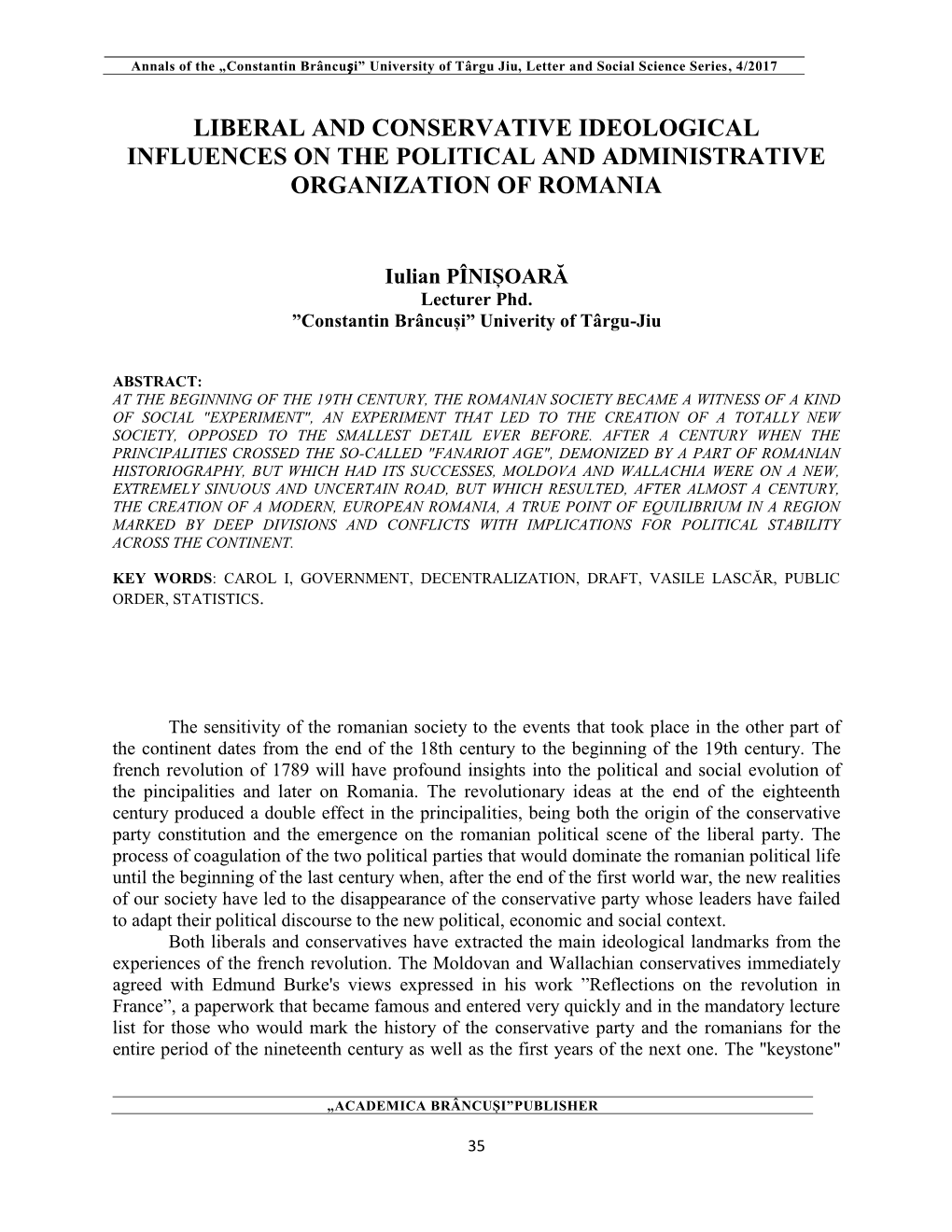 Liberal and Conservative Ideological Influences on the Political and Administrative Organization of Romania