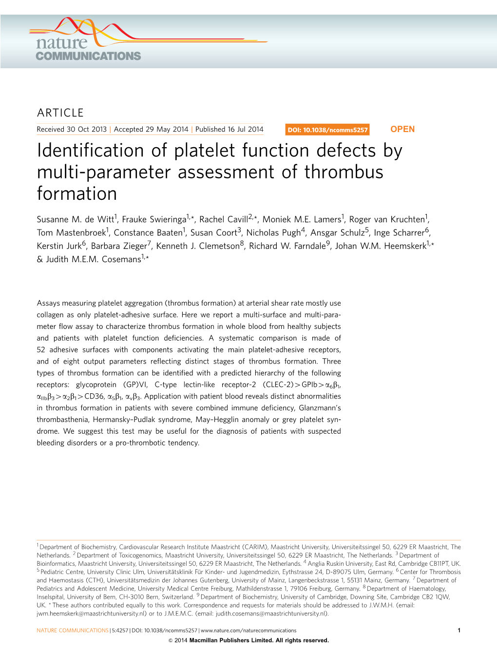 Identification of Platelet Function Defects by Multi-Parameter