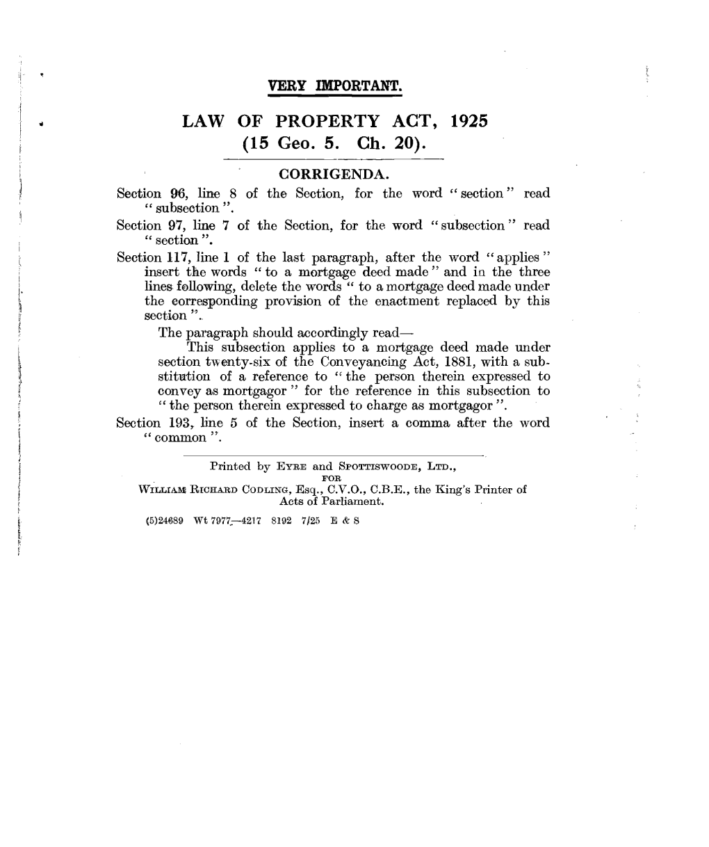 LAW of PROPERTY ACT, 1925 (15 Geo