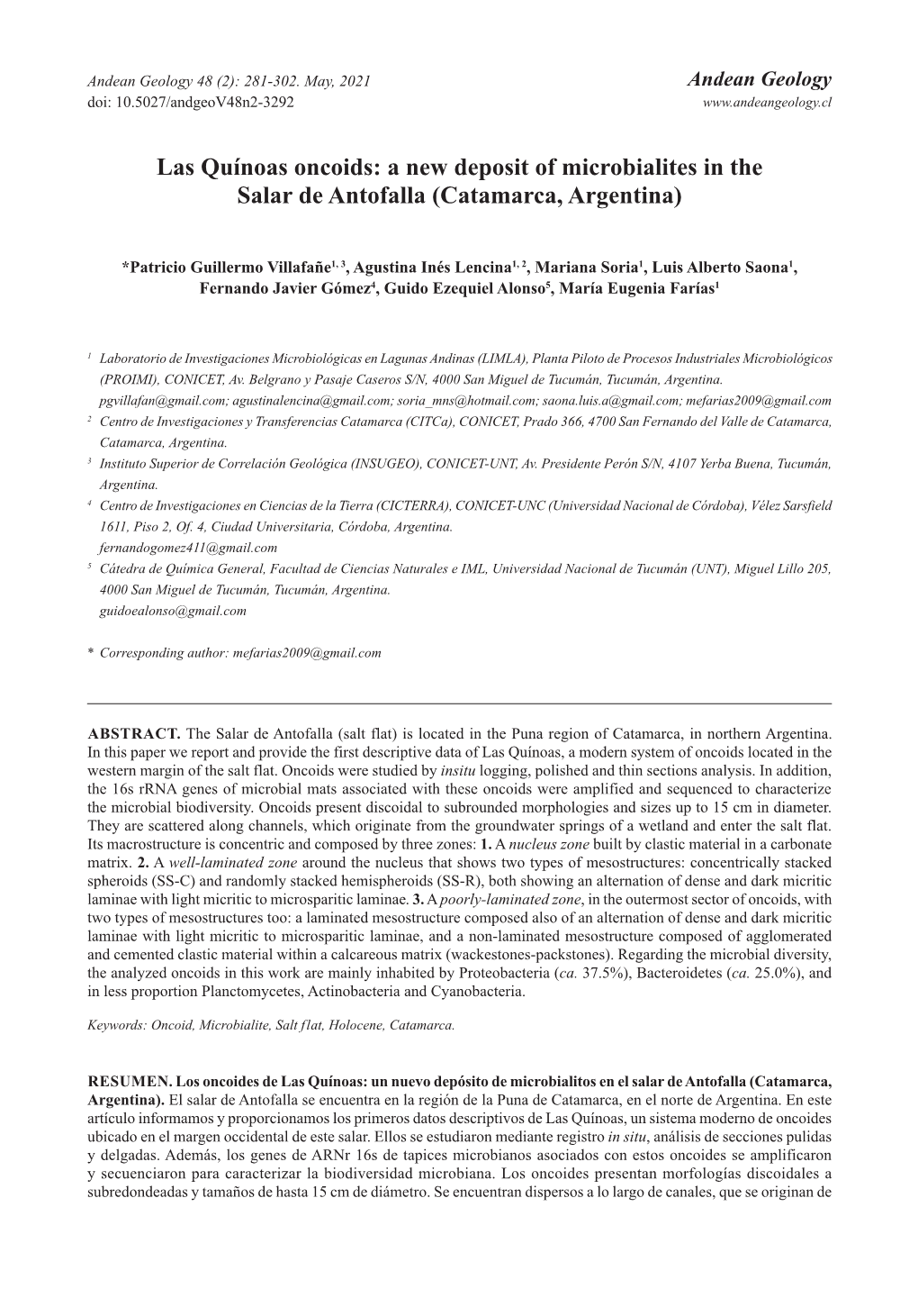 Las Quínoas Oncoids: a New Deposit of Microbialites in the Salar De Antofalla (Catamarca, Argentina)