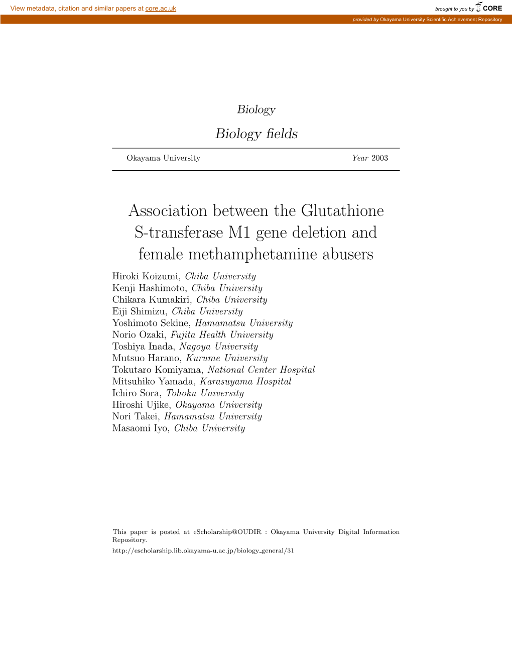 Association Between the Glutathione S-Transferase M1 Gene Deletion and Female Methamphetamine Abusers