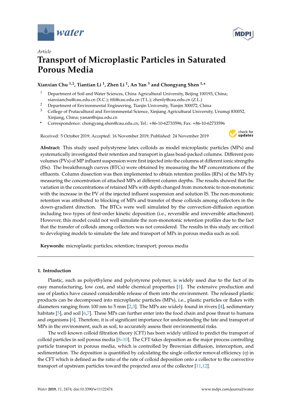 Transport of Microplastic Particles in Saturated Porous Media