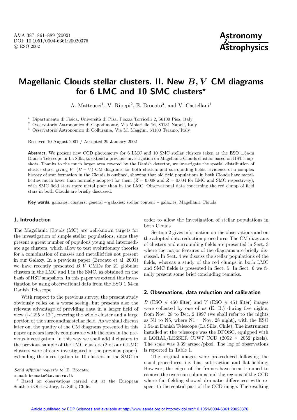 Magellanic Clouds Stellar Clusters. II. New $B,V$ CM Diagrams for 6 LMC