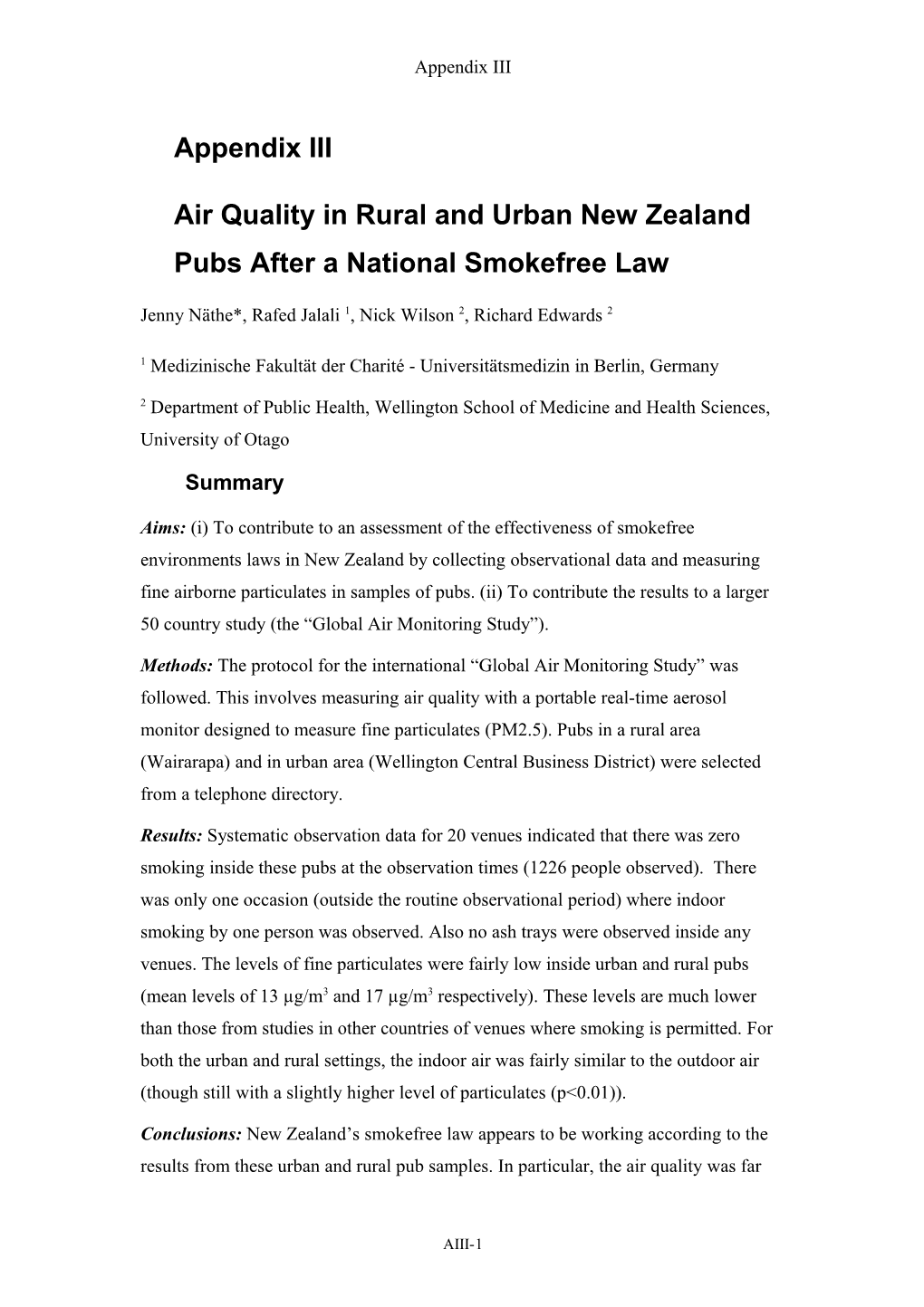 Appendix III Air Quality in Rural and Urban New Zealand Pubs After a National Smokefree Law