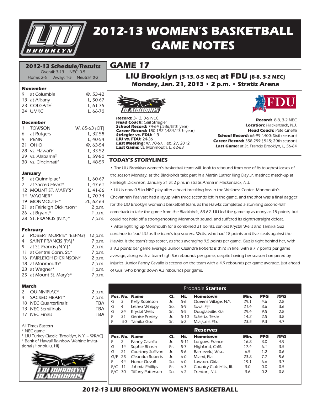 2012-13 Women's Basketball Game Notes