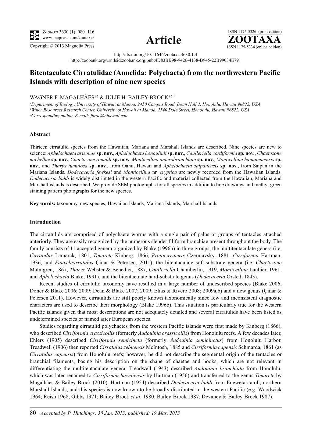 Bitentaculate Cirratulidae (Annelida: Polychaeta) from the Northwestern Pacific Islands with Description of Nine New Species