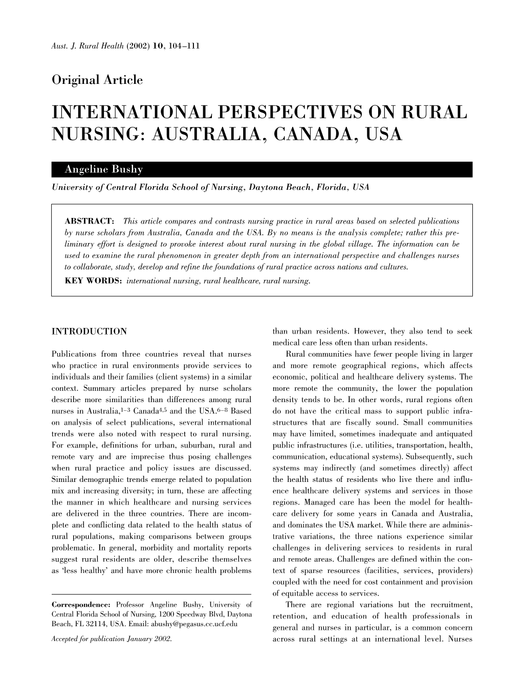 International Perspectives on Rural Nursing: Australia, Canada, Usa