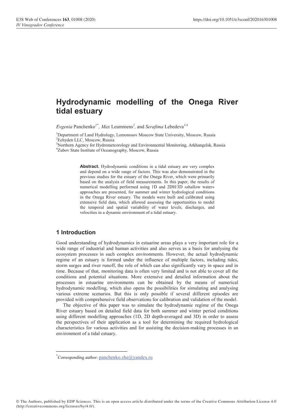 Hydrodynamic Modelling of the Onega River Tidal Estuary