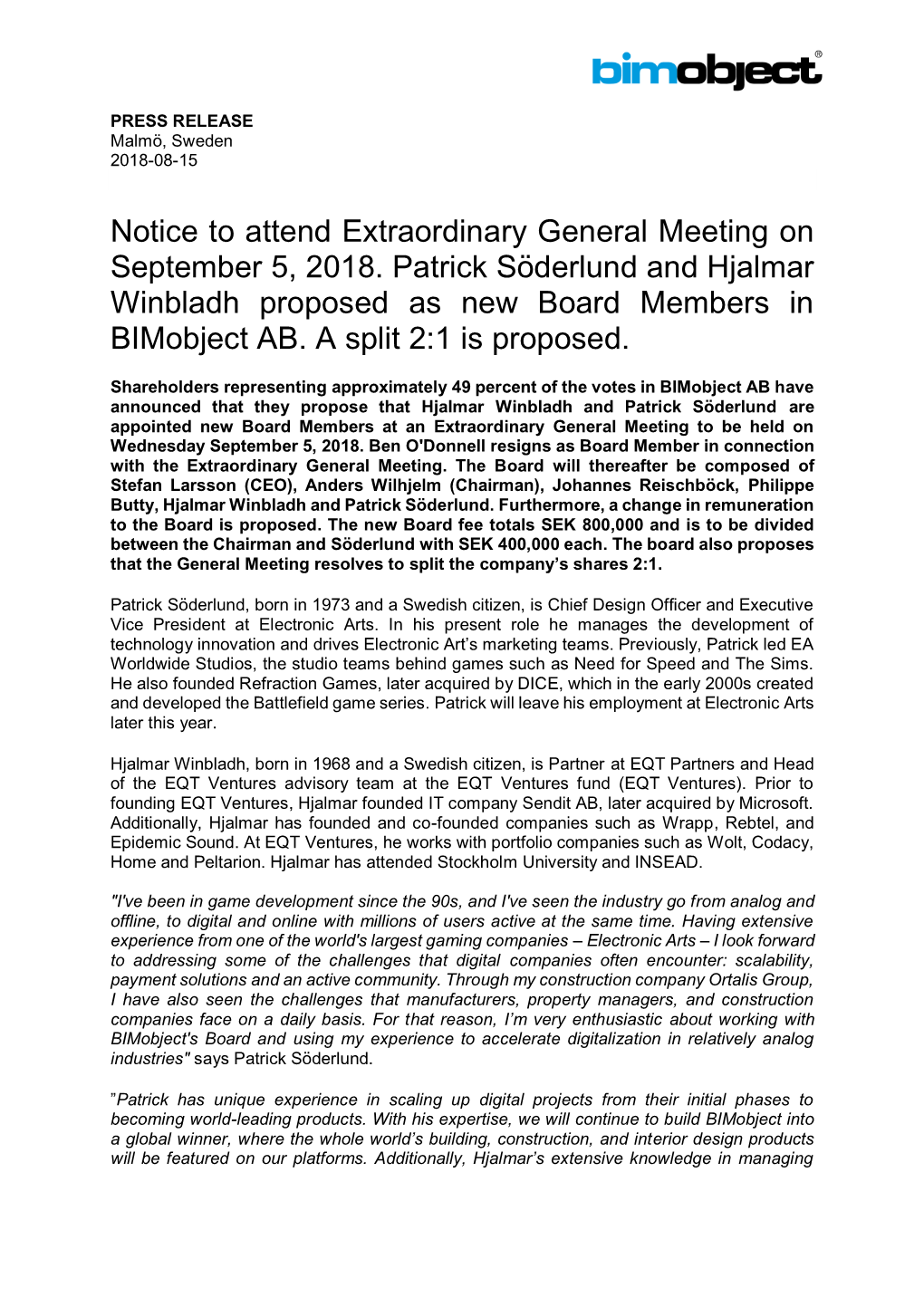 Notice to Attend Extraordinary General Meeting on September 5, 2018