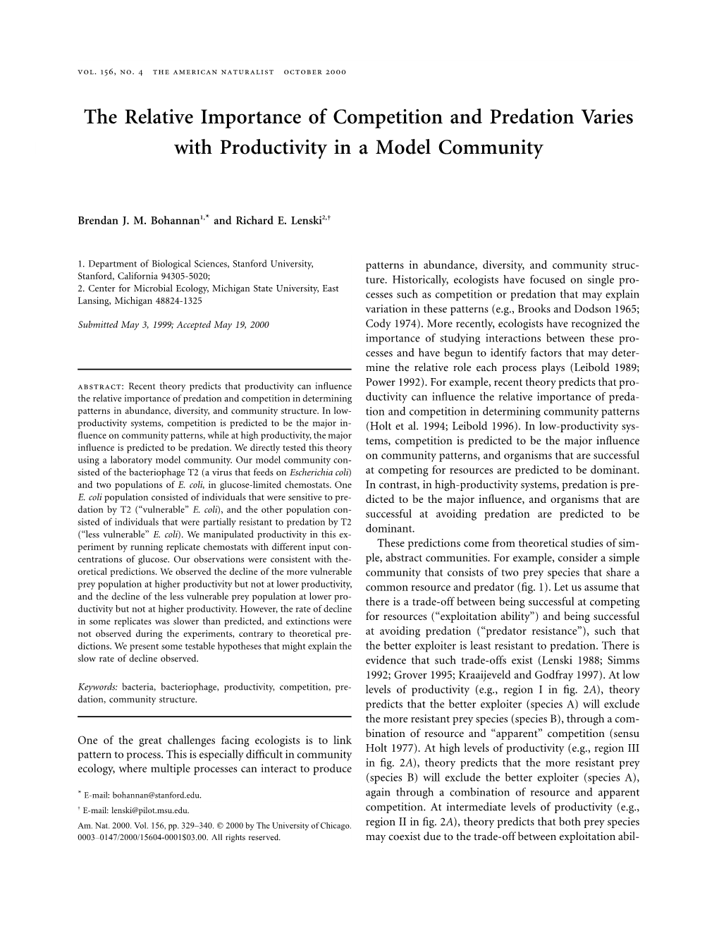 The Relative Importance of Competition and Predation Varies with Productivity in a Model Community
