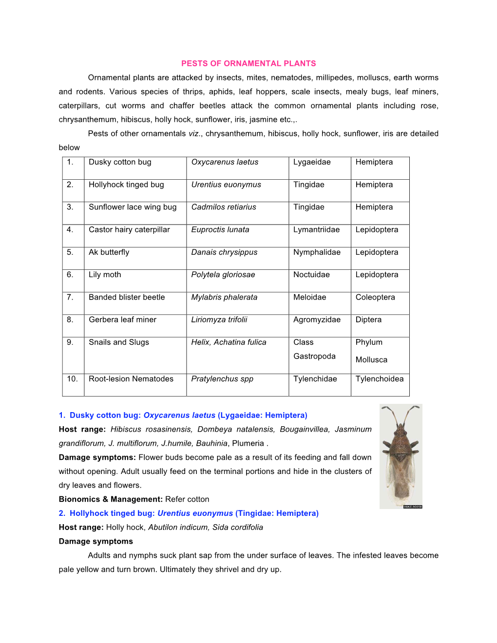 PESTS of ORNAMENTAL PLANTS Ornamental Plants Are Attacked by Insects, Mites, Nematodes, Millipedes, Molluscs, Earth Worms and Rodents