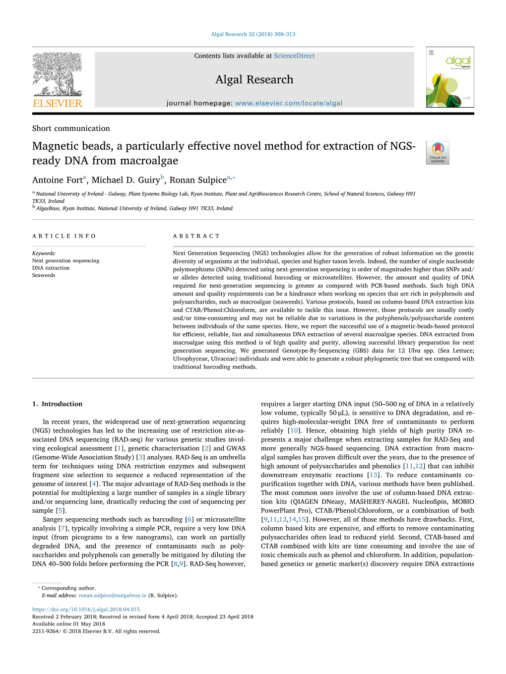 2018 Algal Research Fort Et Magnetic Beads DNA for NGS.Pdf