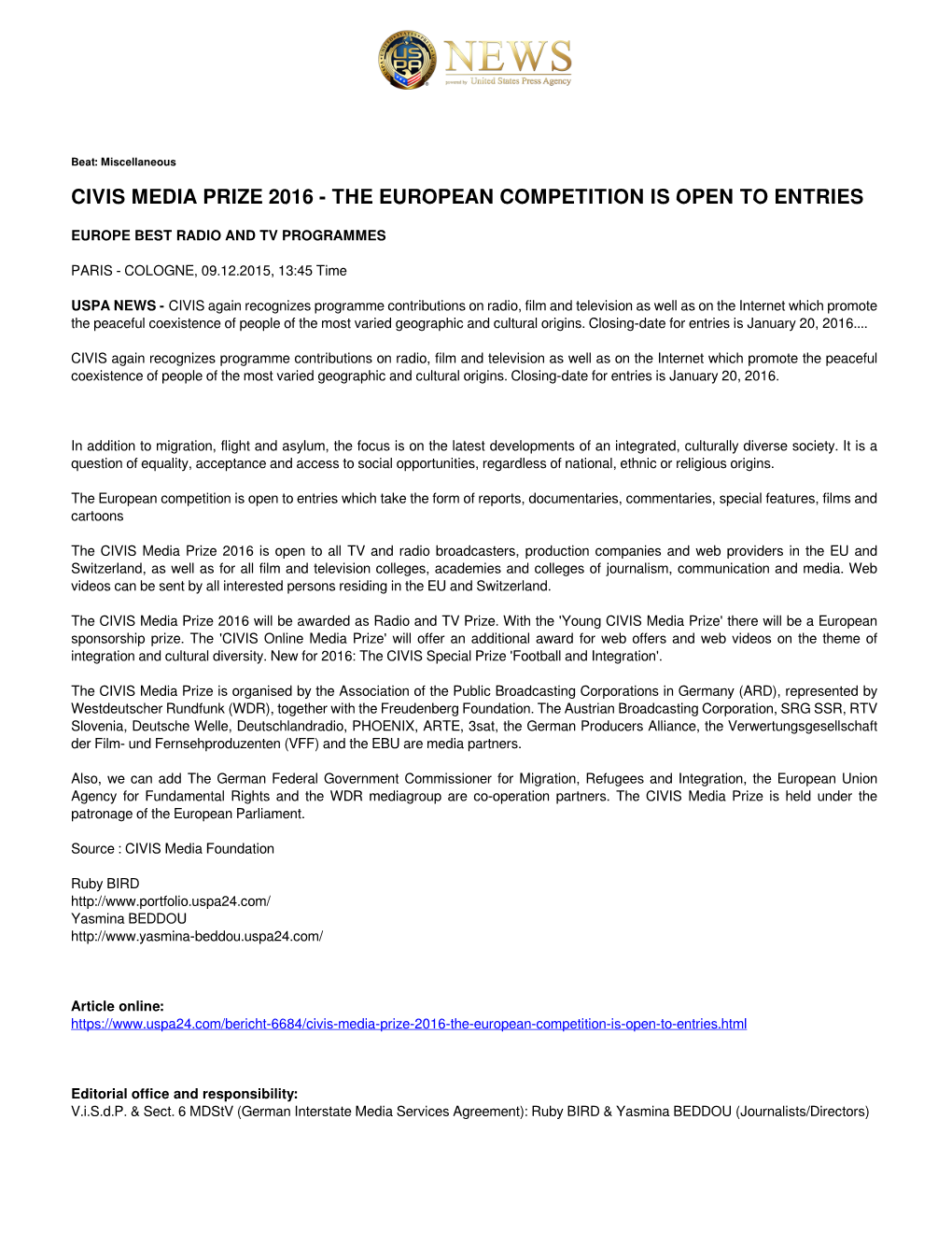 Civis Media Prize 2016 - the European Competition Is Open to Entries