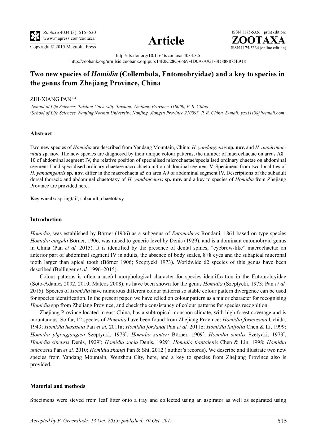 Collembola, Entomobryidae) and a Key to Species in the Genus from Zhejiang Province, China