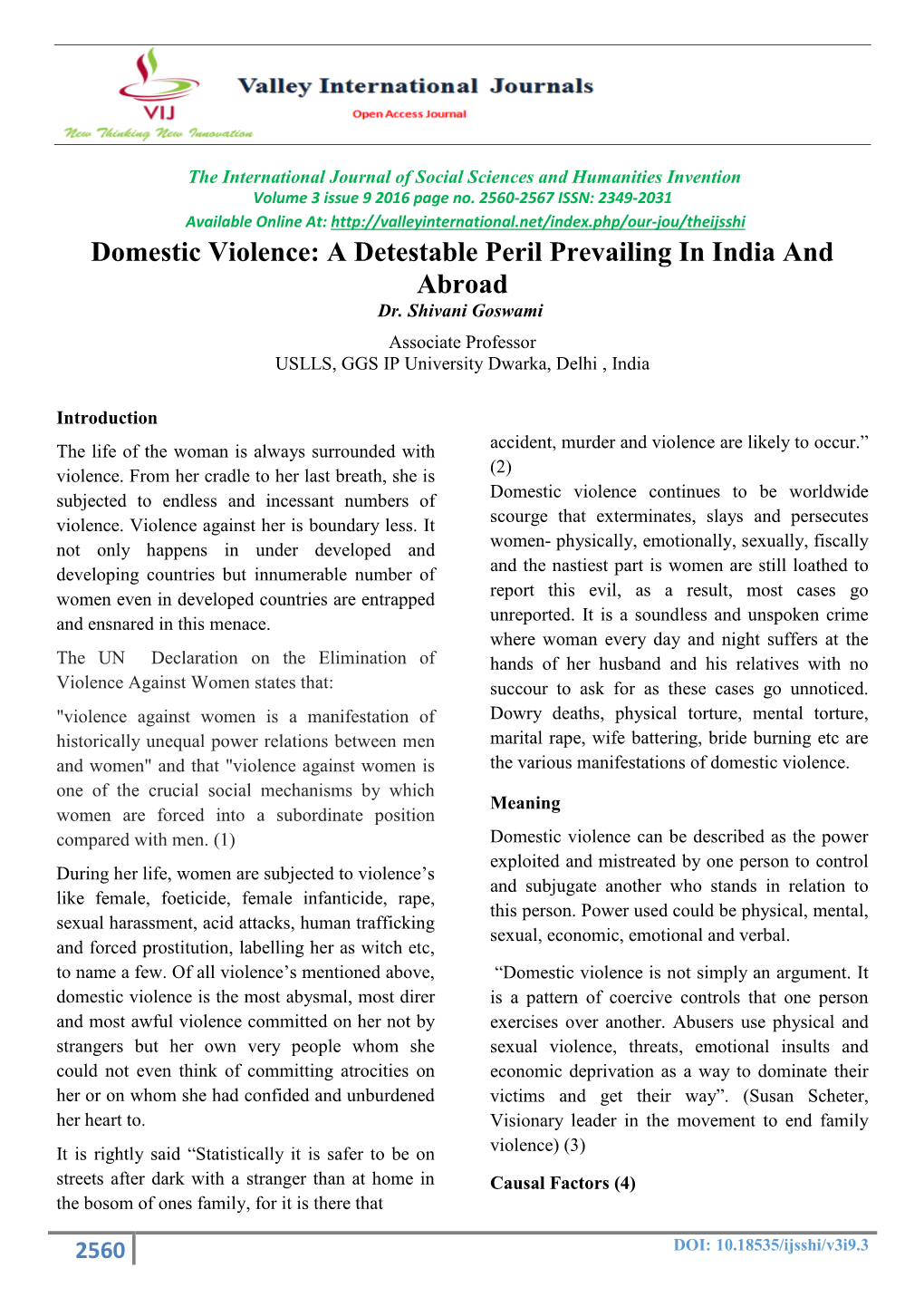 Domestic Violence: a Detestable Peril Prevailing in India and Abroad Dr