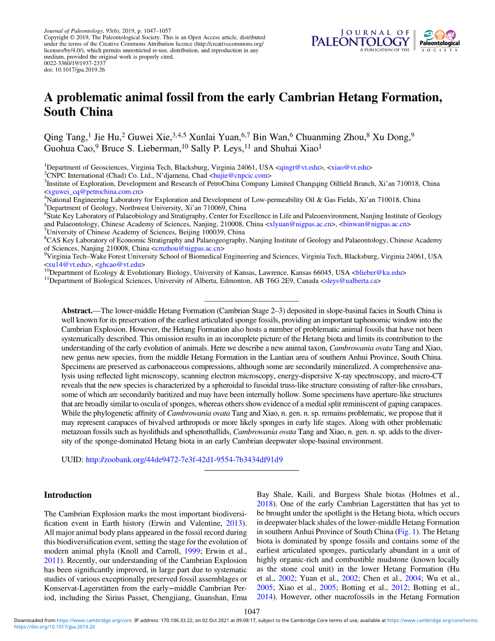 A Problematic Animal Fossil from the Early Cambrian Hetang Formation, South China