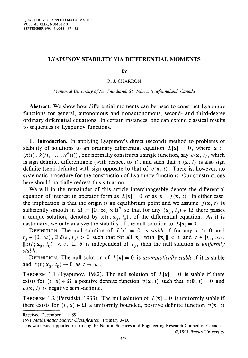 Lyapunov Stability Via Differential Moments