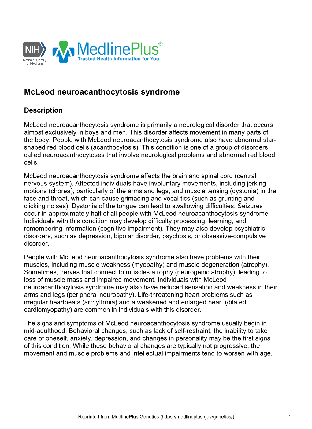 Mcleod Neuroacanthocytosis Syndrome