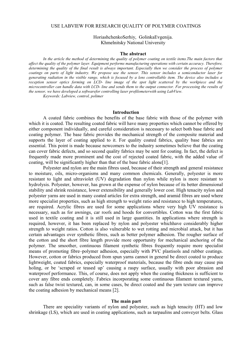 Use Labview for Research Quality of Polymer Coatings