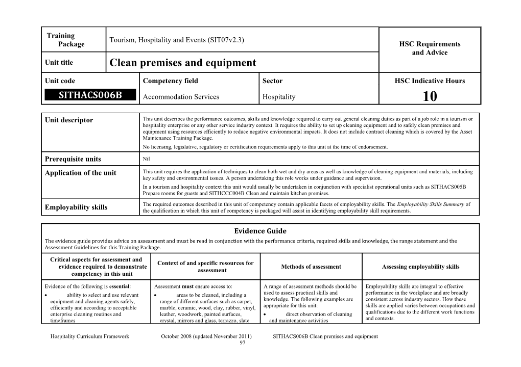 SITHACS006B - Clean Premises and Equipment