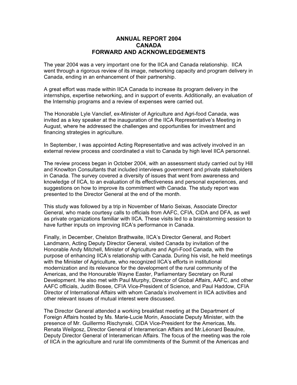 Annual Report 2004 Canada Forward and Acknowledgements