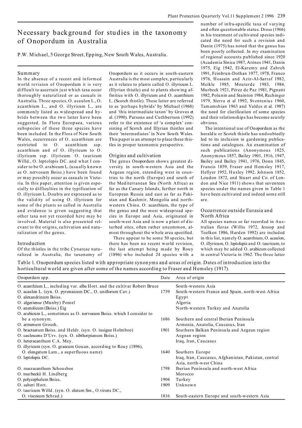 Necessary Background for Studies in the Taxonomy of Onopordum In