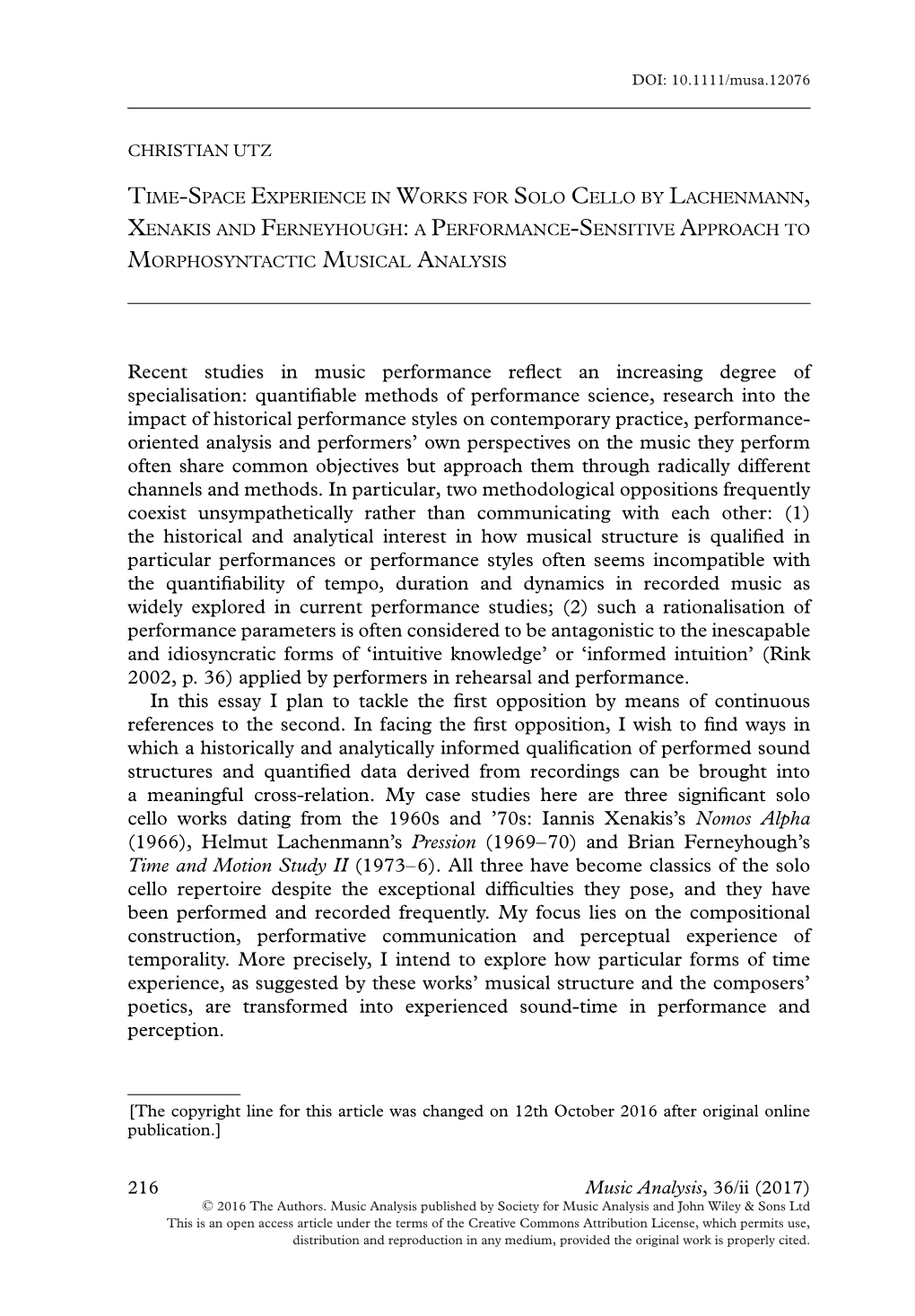 Space Experience in Works for Solo Cello by Lachenmann, Xenakis and Ferneyhough: a Performance-Sensitive Approach to Morphosyntactic Musical Analysis