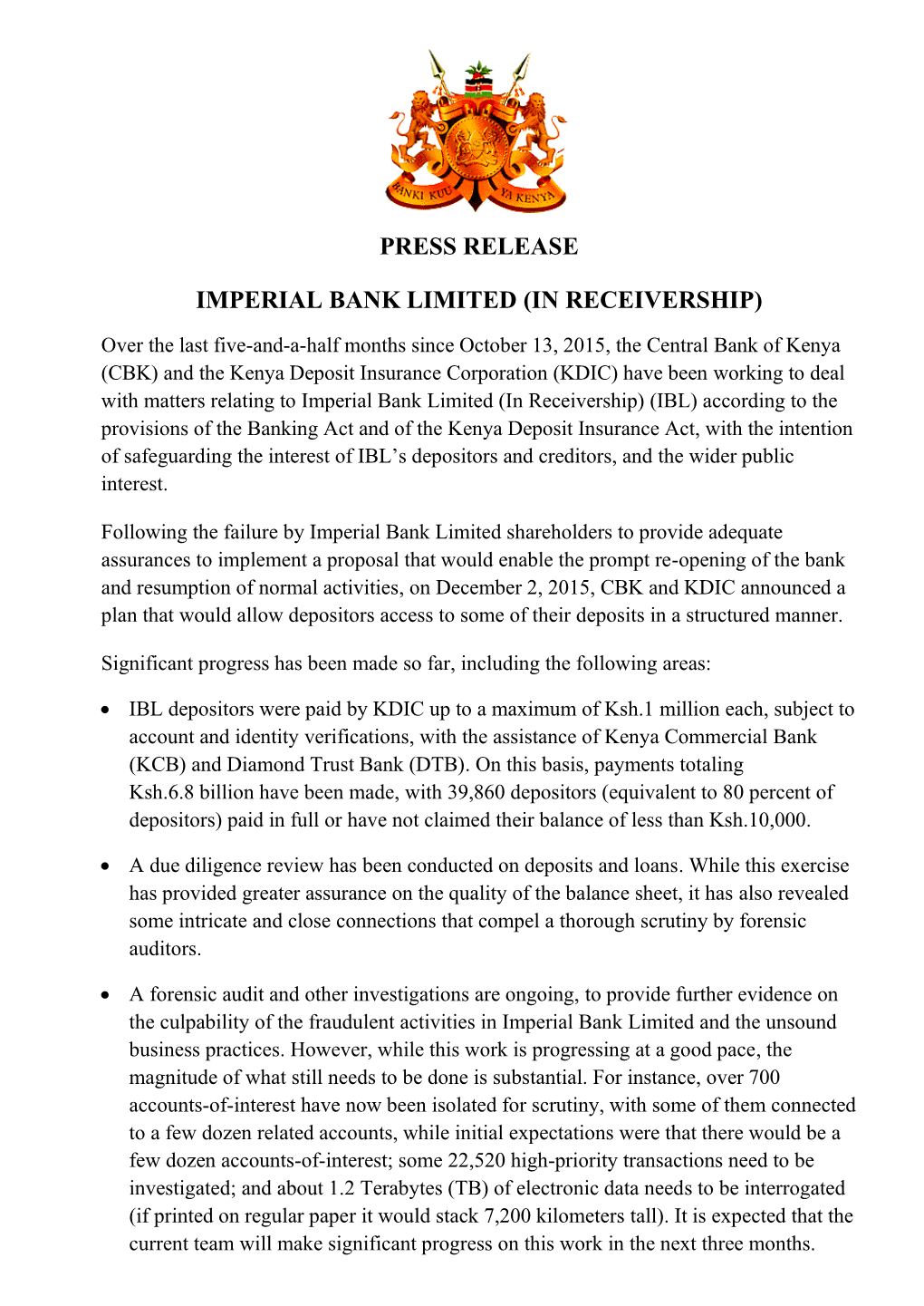 Press Release Imperial Bank Limited (In Receivership)