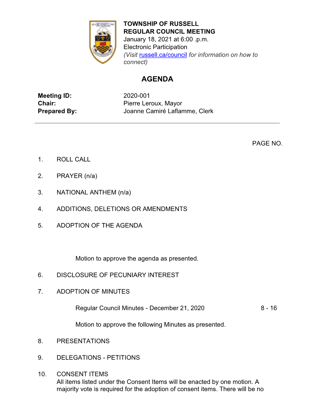 REGULAR COUNCIL MEETING January 18, 2021 at 6:00 .P.M