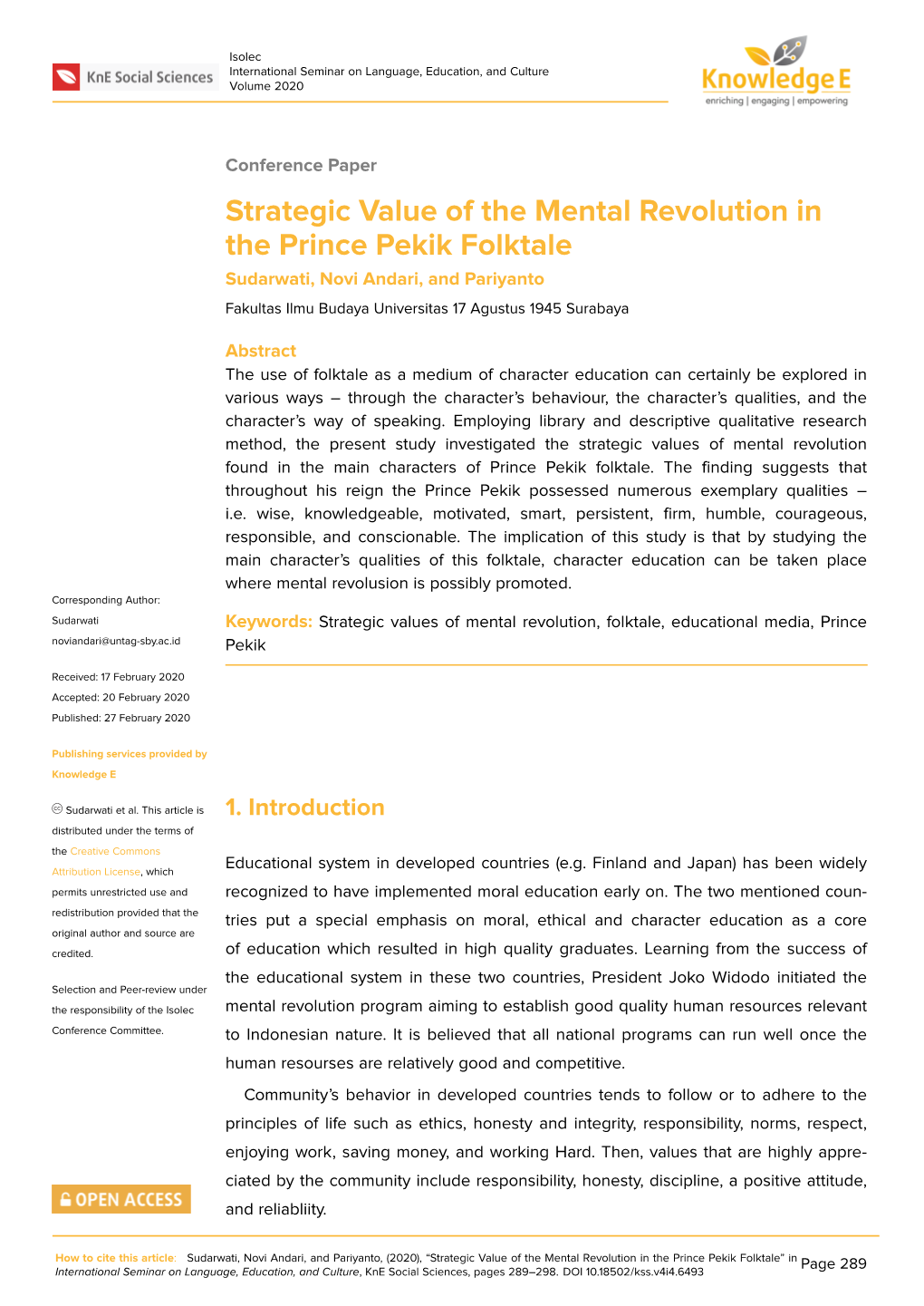 Strategic Value of the Mental Revolution in the Prince Pekik Folktale Sudarwati, Novi Andari, and Pariyanto Fakultas Ilmu Budaya Universitas 17 Agustus 1945 Surabaya