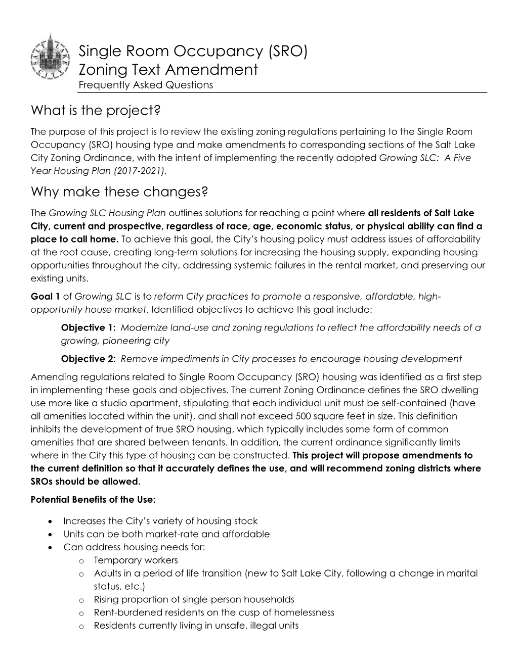 Single Room Occupancy (SRO) Zoning Text Amendment Frequently Asked Questions