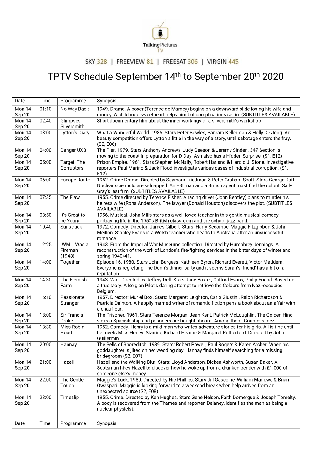 TPTV Schedule September 14Th to September 20Th 2020