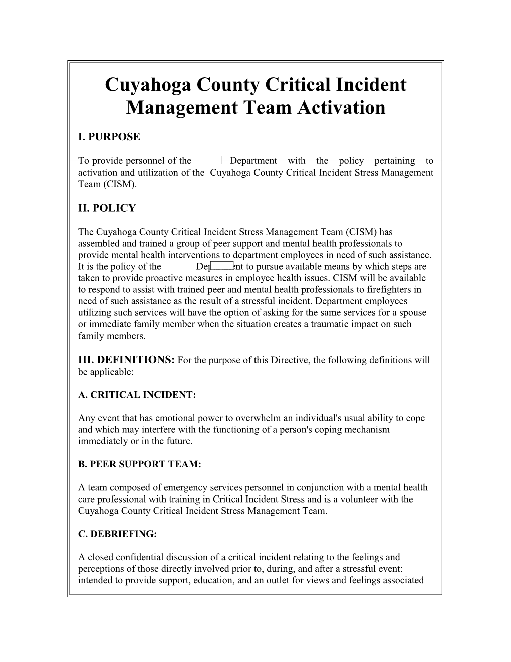 Cuyahoga County Critical Incident Management Team Activation