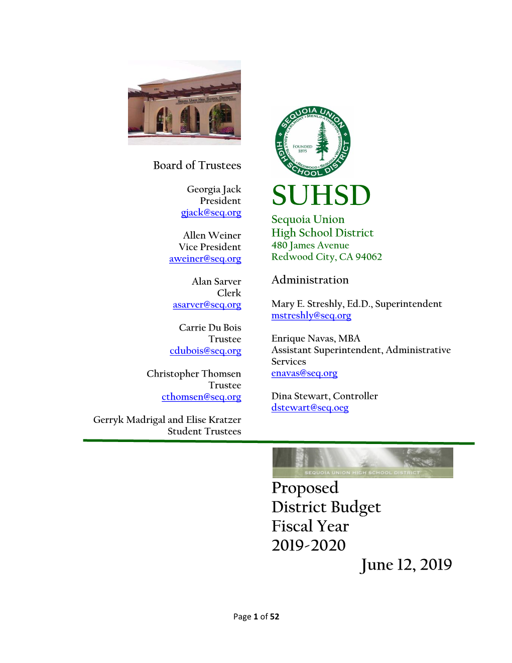 Proposed District Budget Fiscal Year 2019-2020 June 12, 2019