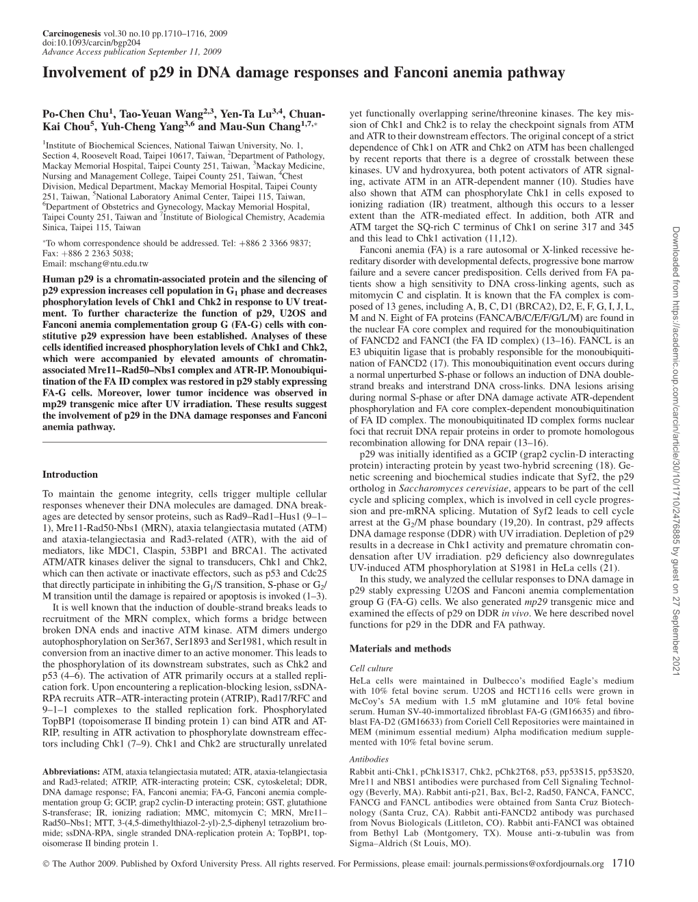 Involvement of P29 in DNA Damage Responses and Fanconi Anemia Pathway