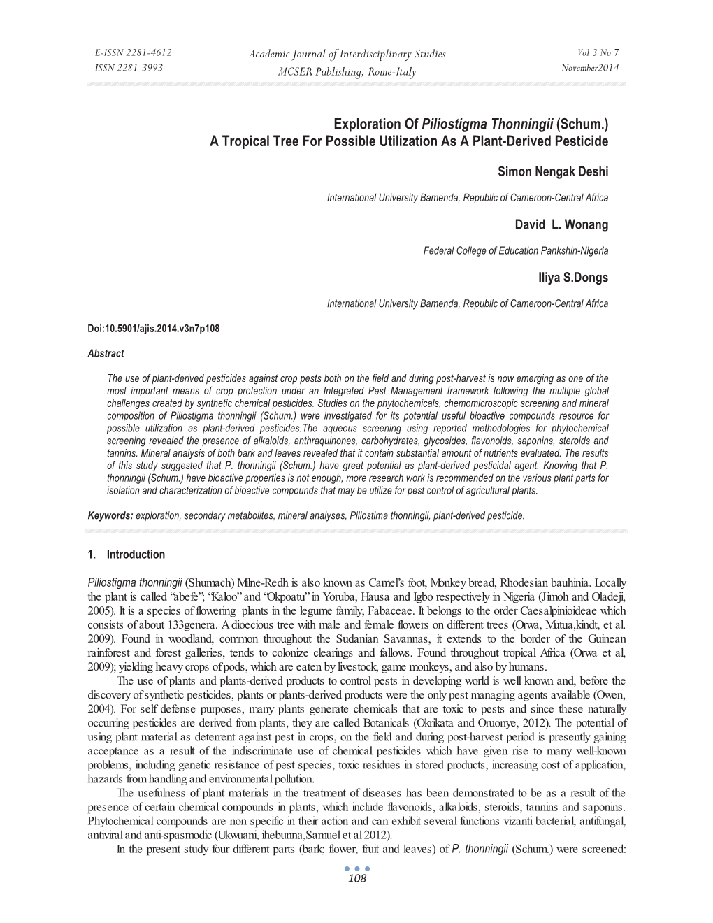 Exploration of Piliostigma Thonningii (Schum.) a Tropical Tree for Possible Utilization As a Plant-Derived Pesticide