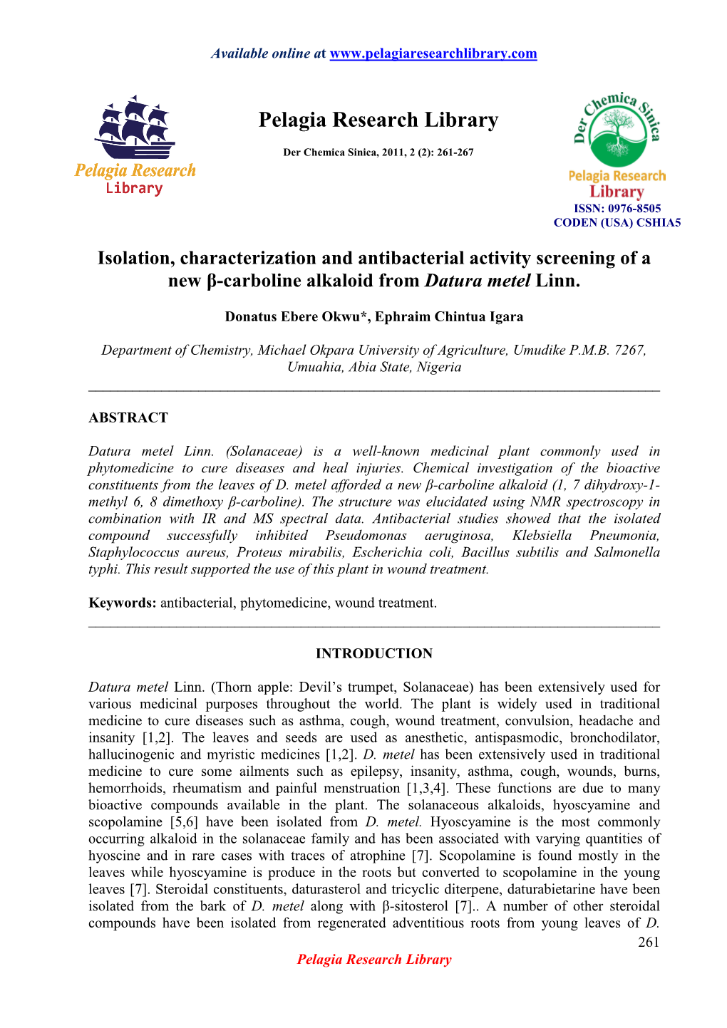 ²-Carboline Alkaloid from Datura Metel Linn