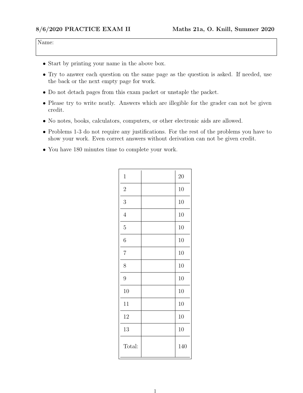 8/6/2020 PRACTICE EXAM II Maths 21A, O. Knill, Summer 2020