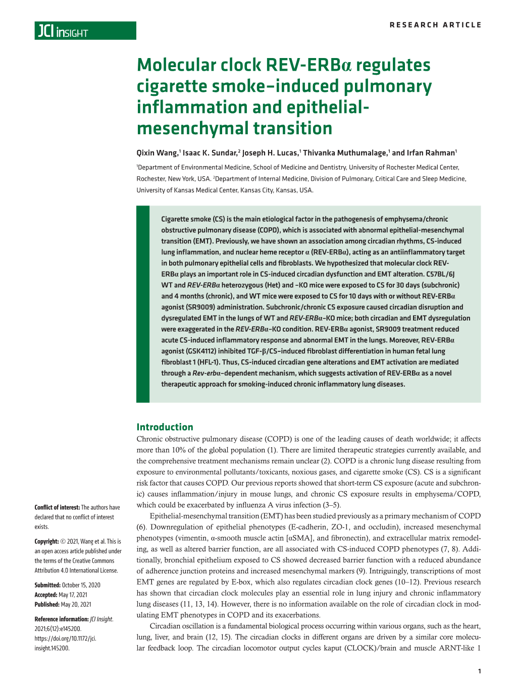 Molecular Clock REV-Erbα Regulates Cigarette Smoke–Induced Pulmonary Inflammation and Epithelial- Mesenchymal Transition