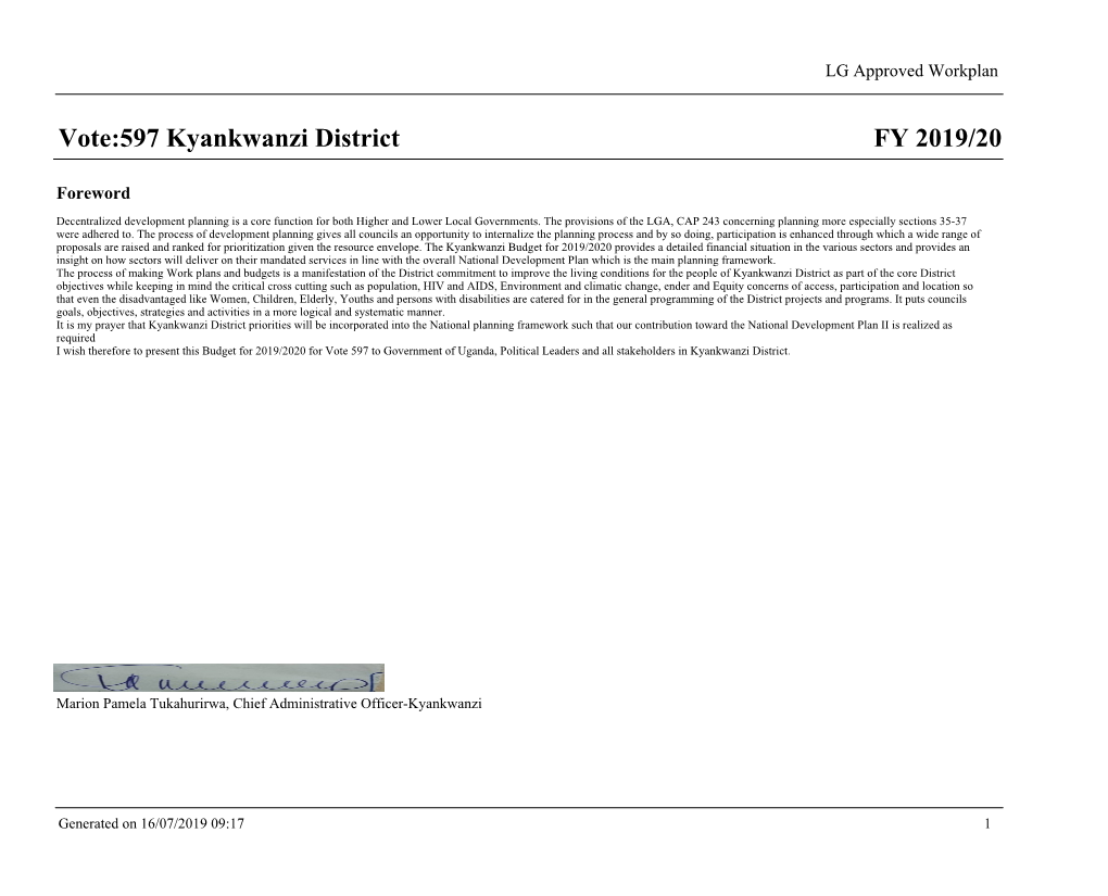 FY 2019/20 Vote:597 Kyankwanzi District
