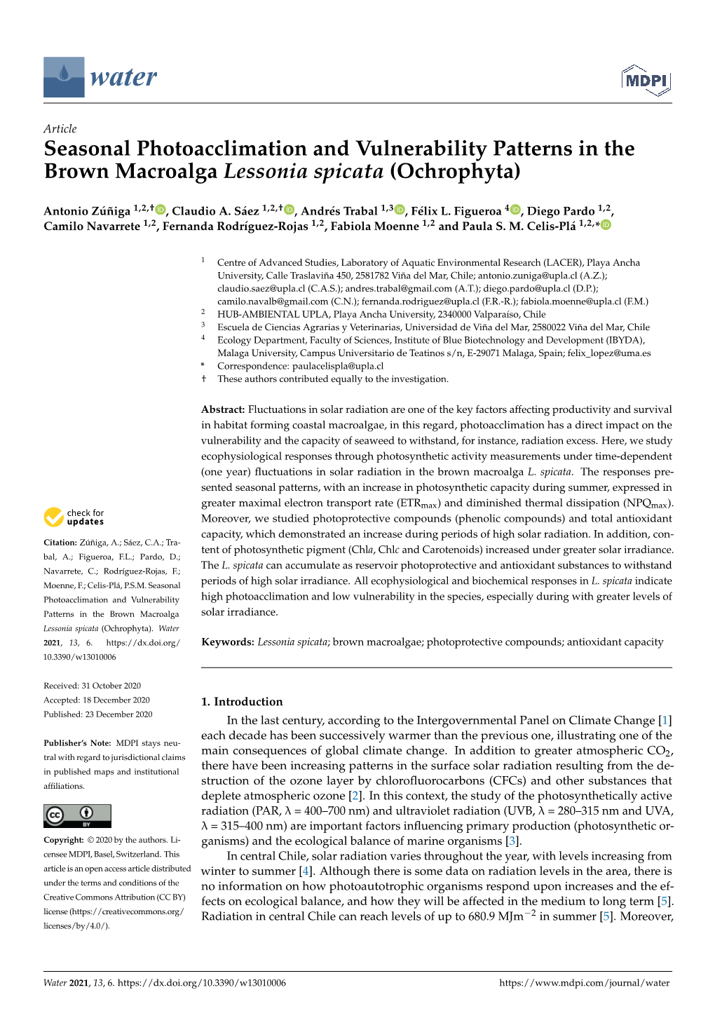 Seasonal Photoacclimation and Vulnerability Patterns in the Brown Macroalga Lessonia Spicata (Ochrophyta)