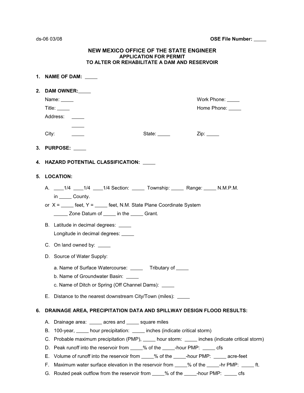 Application for Permit to Construction and Operate a Dam