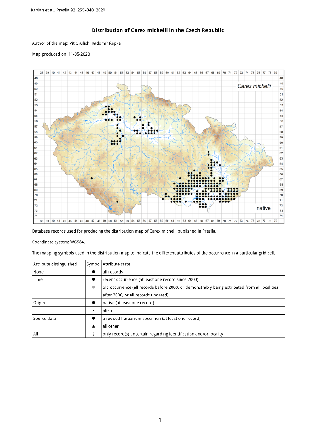 1 Distribution of Carex Michelii in the Czech Republic