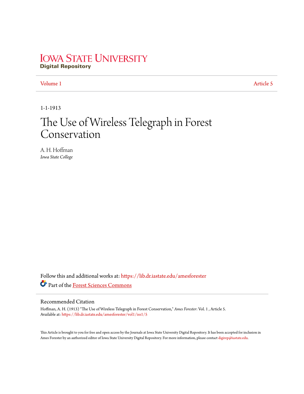 The Use of Wireless Telegraph in Forest Conservation