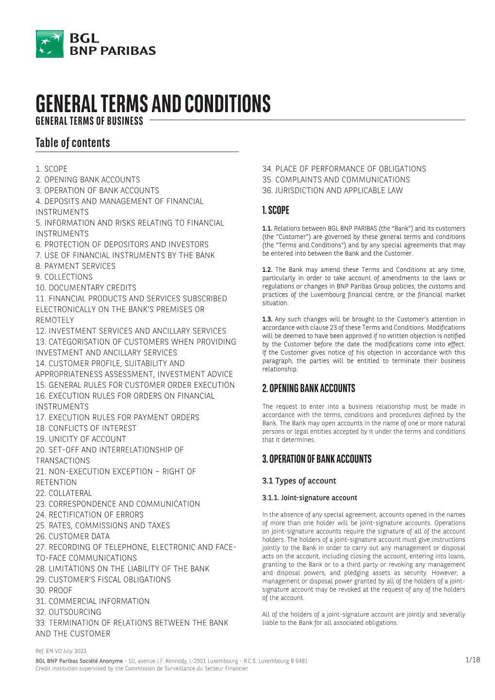 GENERAL TERMS and CONDITIONS GENERAL TERMS of BUSINESS Table of Contents