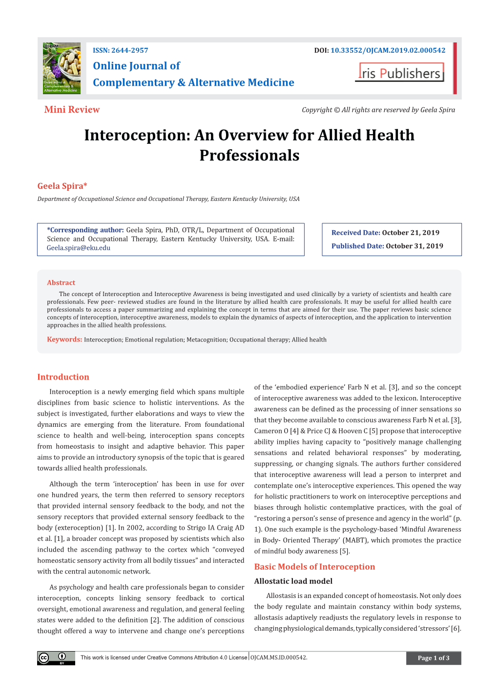 Interoception: an Overview for Allied Health Professionals